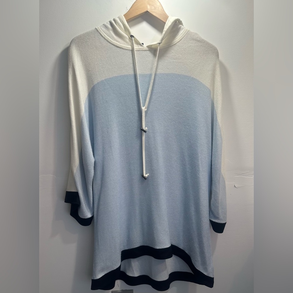 St. John Lightweight Cashmere Silk Blend Hooded Sweater Blue White Sz L